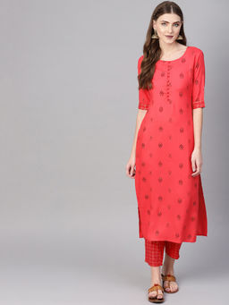 Gerua By Libas - Red Printed Kurta And Red Checkered Trouser With Side Pocket (Set of 2)
