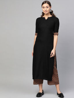 Gerua By Libas - Black Solid Kurta And Multi Printed Palazzo With Side Pocket (Set of 2)