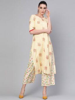 Gerua By Libas - Yellow Block Printed Kurta And Yellow Block Printed Palazzo With Side Pocket (Set of 2)