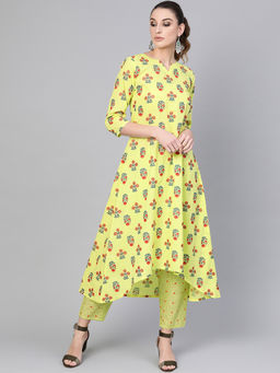 Gerua By Libas - Yellow High-Low Kurta And Yellow Striped Trouser With Side Pocket (Set of 2)