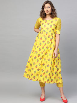 Gerua By Libas - Yellow A-Line Kurta And Yellow Printed Trouser With Side Pockets (Set of 2)