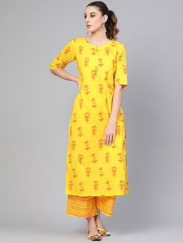 Gerua By Libas - Yellow Printed Kurta And Yellow Striped Palazzo With Side Pocket (Set of 2)