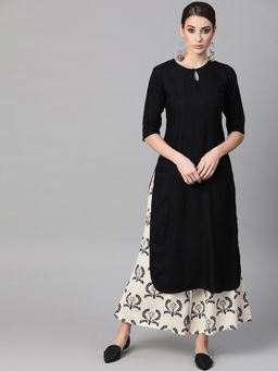 Gerua By Libas - Black Solid Kurta And Off White Printed Palazzo With Side Pocket (Set of 2)