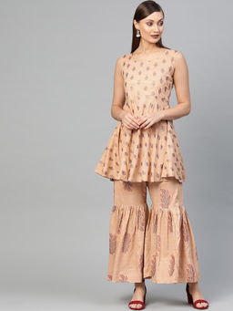 Gerua By Libas - Beige Block Printed A-Line Short Kurti With Beige Block Printed Sharara (Set of 2)