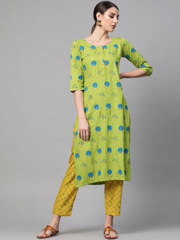 Gerua By Libas - Green Printed Kurta And Yellow Printed Trouser With Side Pocket (Set of 2)