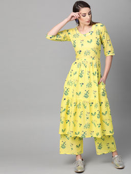 Gerua By Libas - Yellow Printed A-Line Kurta And Yellow Printed Palazzo With Side Pocket (Set of 2)