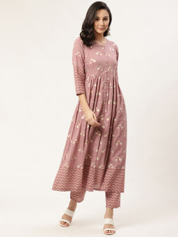 Gerua By Libas - Mauve Block Printed Anarkali Kurta & Trouser With Both Side Pocket (Set of 2)