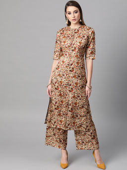 Gerua By Libas - Beige Printed Kurta And Beige Printed Palazzo With Side Pocket (Set of 2)