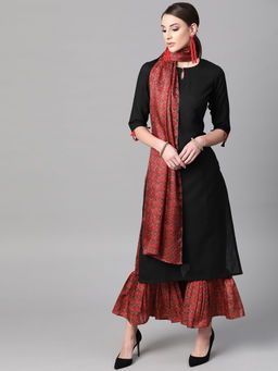 Gerua By Libas - Black Blend Solid Kurta And Red Printed Frill Palazzo With Red Printed Stole (Set of 3)