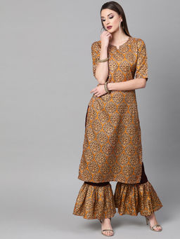 Gerua By Libas - Multi-Color Printed Kurta And Black Solid Palazzo With Printed Frill Details (Set of 2)