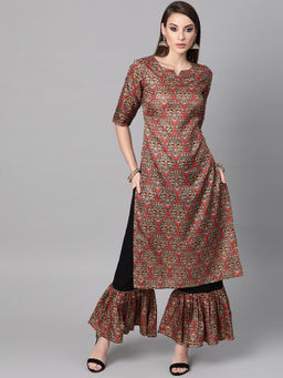 Gerua By Libas - Multi-Color Printed Kurta And Black Solid Palazzo With Printed Frill Details (Set of 2)