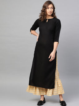 Gerua By Libas - Black Solid Kurta And Yellow Printed Frill Palazzo With Side Pocket (Set of 2)