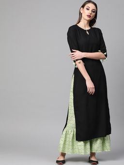 Gerua By Libas - Black Solid Kurta And Green Block Printed Frill Palazzo With Side Pocket (Set of 2)