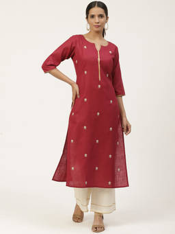 Gerua By Libas - Maroon Embroidered Kurta And Off White Solid Palazzo With Both Side Pocket (Set of 2)