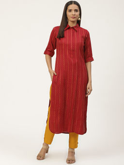 Gerua By Libas - Maroon Woven Design Pathani Kurta With Solid Trouser With Both Side Pocket (Set of 2)