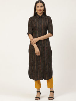 Gerua By Libas - Black Woven Design Pathani Kurta With Solid Trouser With Both Side Pocket (Set of 2)