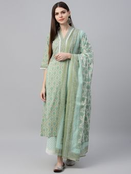 Gerua By Libas - Green Printed Kurta And Green Printed Palazzo With Green Printed Dupatta (Set of 3)