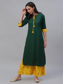 Gerua By Libas - Green Solid Straight Kurta And Yellow Printed Palazzo With Both Side Pocket (Set of 2)