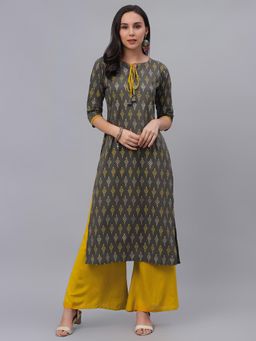 Gerua By Libas - Grey Printed Straight Kurta And Yellow Solid Palazzo With Both Side Pocket (Set of 2)