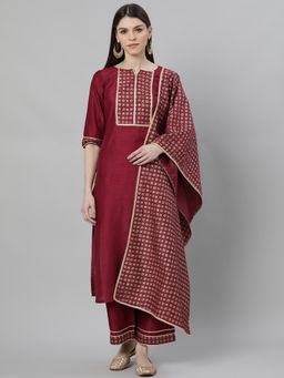 Libas - Maroon Printed Kurta and Palazzo with Dupatta (Set of 3)