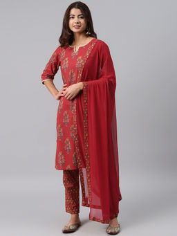 Gerua By Libas - Red Printed Pure Cotton Kurta (Set of 3)