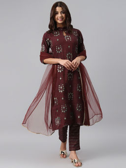 Gerua By Libas - Maroon Printed Silk Blend Kurta (Set of 3)