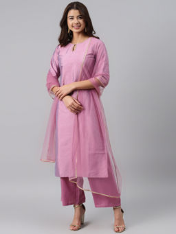 Gerua By Libas - Purple Woven Design Art Silk Kurta (Set of 3)