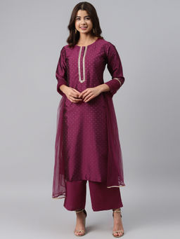 Gerua By Libas - Purple Woven Design Art Silk Kurta (Set of 3)