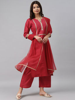 Gerua By Libas - Red Woven Design Art Silk Kurta (Set of 3)