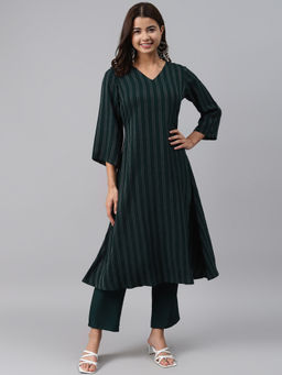 Gerua By Libas - Green Striped Cotton Blend Kurta (Set of 2)