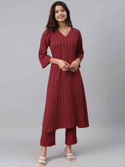 Gerua By Libas - Maroon Striped Cotton Blend Kurta (Set of 2)