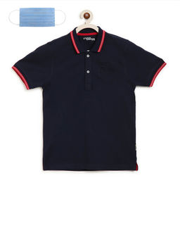 Lil Tomatoes - Navy Blue Solid T-Shirt With 3-Ply Face Mask (Set of 2)