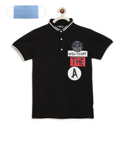 Lil Tomatoes - Black Printed T-Shirt With 3-Ply Face Mask (Set of 2)