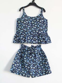 Woonie - Summer Wear Floral Crop Top With Shorts (Set Of 2)