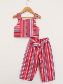 Woonie - Summer Wear Red Striped Crop Top With Pants (Set Of 2)