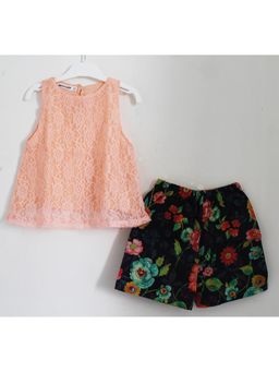 Woonie - Peach Net Top with Floral Shorts Set for Girls