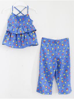 Woonie - Striped Blue Floral Top with Pant Set for Girls