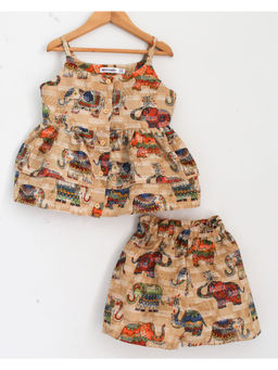 Woonie - Yellow Elephant Printed Frill Top with Shorts (Set of 2)