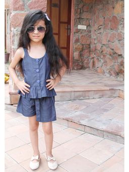 Woonie - Strap Denim Top with Shorts (Set of 2)