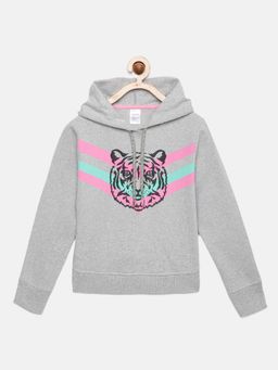 mackly - Girls Grey Melange Printed Hoodie