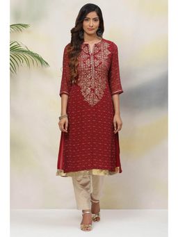 Biba - Rust Straight Art Silk Kurtas