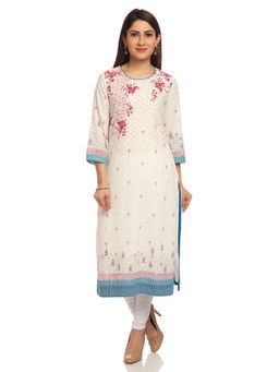 Biba - Off White Floral Straight Kurta
