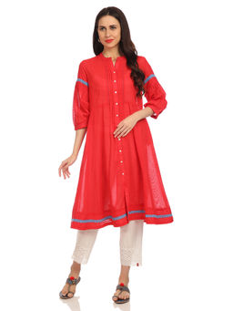 Biba - Red Solid A-Line Cotton Kurta