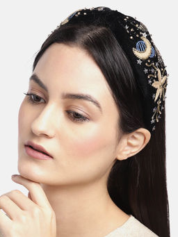 Blueberry - Black Velvet Hand Beaded And Stone Embellished With Embroidery Knot Hairband