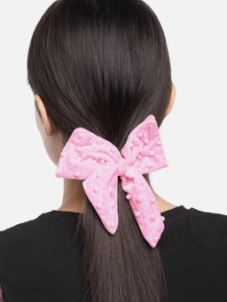 Blueberry - Pink Velvet De La Bow Knot Pearl Embellished Hairclip