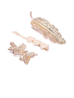 Blueberry - Gold Plated Heart, Butterfly, Leaf Shape Hair Pins Set of 3