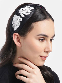 Blueberry - White Sequins And Beads Embellished Black Satin Knot Hair Band