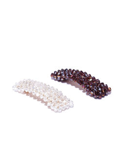 Blueberry - White And Maroon Crystal Beads Detailing Tic Tac Hair Clip Set of 2