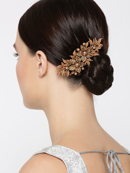 Priyaasi - Brown Stones And Pearls Studded Floral Hair Clip
