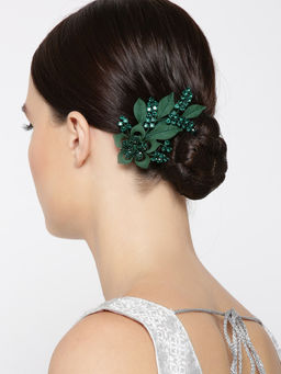 Priyaasi - Green Stones Studded Floral And Leaf Hair Clip